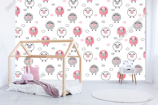 Wizualizacja tapety na ścianę do pokoju dziecięcego, w szare, białe i różowe baranki i chmurki, na białym tle.