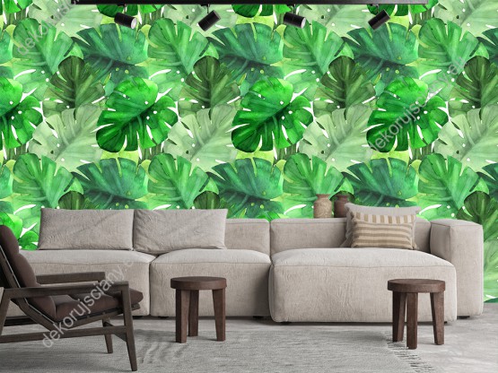 Wizualizacja tapety do sypialni, salonu, przedpokoju, gabinetu, biura w tropikalnym klimacie. Wspaniałe, zielone liście palm.