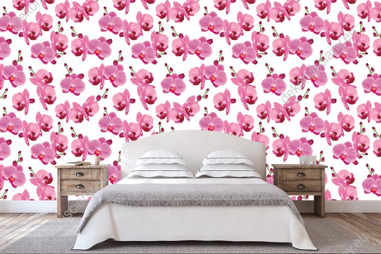 Wizualizacja tapety do sypialni, salonu, przedpokoju, gabinetu w kwiaty. Piękne różowe storczyki, na białym tle.