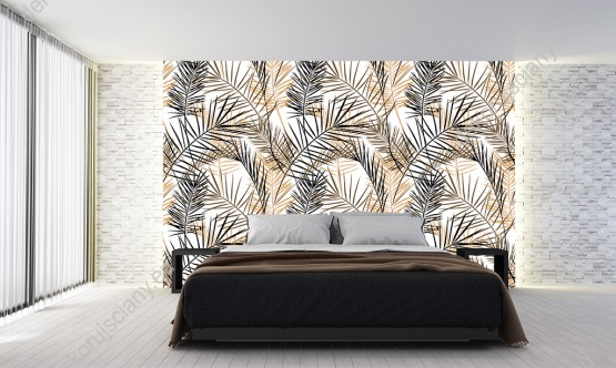 Wizualizacja tapety do sypialni, salonu, przedpokoju, gabinetu, w brązowe, czarne i kremowe liście palm, na białym tle. 