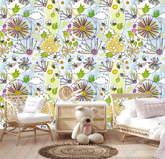 Wizualizacja tapety na ścianę do sypialni, pokoju dziecięcego i młodzieżowego w wiosenne kwiaty i pszczoły, na niebieskim tle.