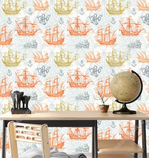 Wizualizacja tapety na ścianę do pokoju dziecięcego i młodzieżowego z żeglarskim motywem. Pomarańczowe i zielone statki, smoki morskie i krakeny i kompasem, na niebieskim tle.