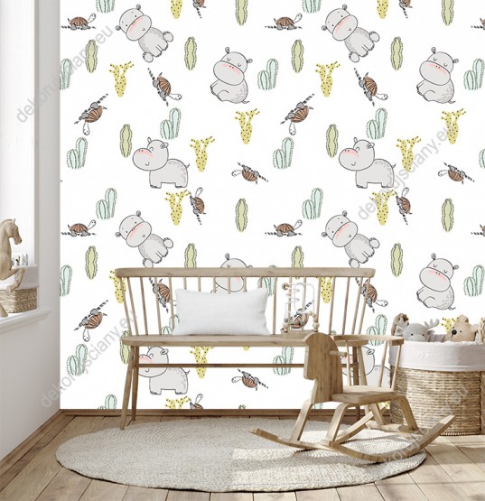 Wizualizacja tapety na ścianę do pokoju dziecięcego w szare, przyjazne hipopotami i żółwie, oraz kaktusy w odcieniach zieleni, na białym tle.