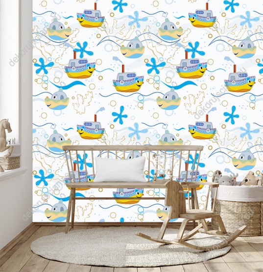 Wizualizacja tapety na ścianę do pokoju dziecięcego. Tapeta z białym tłem, przedstawia morze i pływające po nim, kolorowe, wesołe statki.