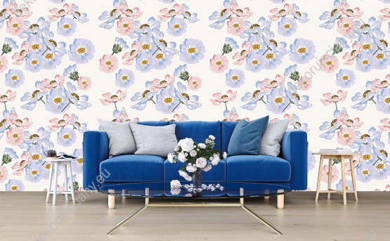Wizualizacja tapety do sypialni, salonu, przedpokoju, pokoju dziennego, biura, w niebieskie i różowe kwiaty, na białym tle.