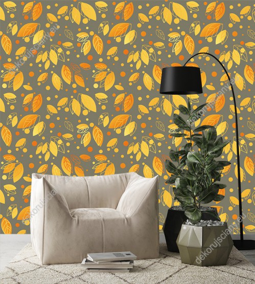 Wizualizacja tapety do sypialni, salonu, przedpokoju, gabinetu, biura, w abstrakcyjne, pomarańczowe, jesienne liście, na pomarańczowym tle.