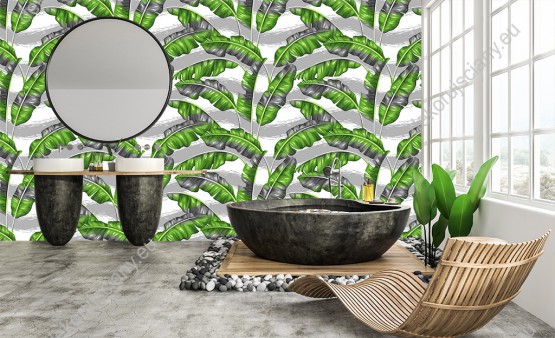 Wizualizacja tapety do pokoju dziennego, młodzieżowego, sypialni, salonu, przedpokoju, biura  z motywem tropikalnym. Tapeta przedstawia zielone liście egzotycznych roślin i szare pociągnięcia pędzlem, na białym tle.