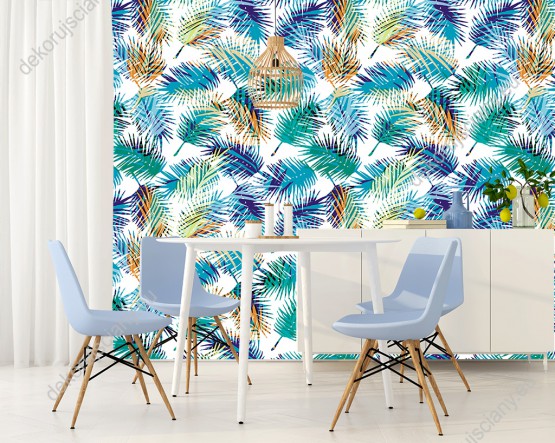 Wizualizacja tapety do pokoju dziennego, młodzieżowego, sypialni, salonu, przedpokoju, biura z motywem tropikalnych roślin. Tapeta prezentuje niebiesko-zielono-pomarańczowe liście palm, na białym tle.