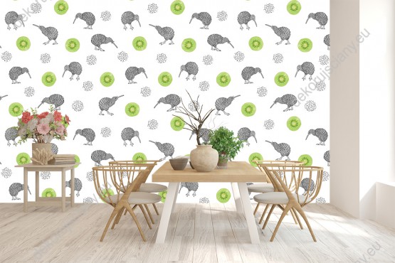 Wizualizacja tapety na ścianę do pokoju dziecięcego w szare ptaki i zielone owoce kiwi, na białym tle.