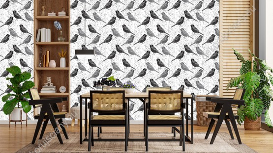 Wizualizacja tapety na ścianę do pokoju dziennego, sypialni, salonu, przedpokoju, biura, kuchni, łazienki. Tapeta w czarne i szare ptaki i liście, na białym tle.