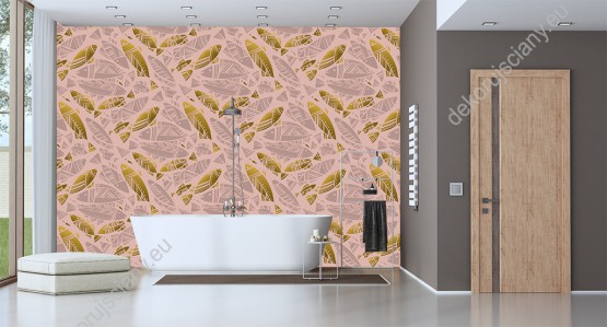 Wizualizacja tapety do pokoju dziennego, sypialni, salonu, przedpokoju, kuchni. Tapeta z fantazyjną mozaiką złotych i szarych ryb, na różowym tle.