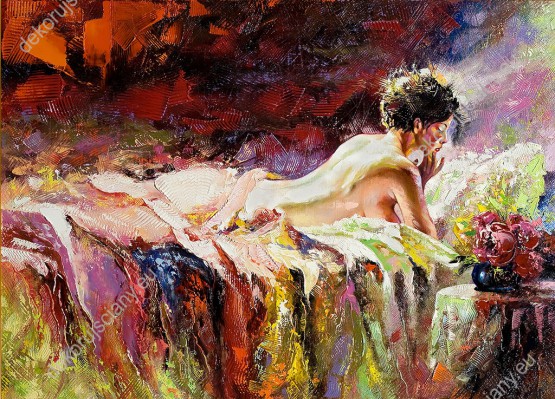 Wzornik, obraz namalowanej kobiety leżącej w łóżku. 
