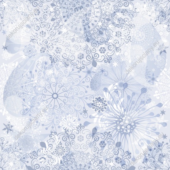 Wzornik tapety, różnokształtne płatki śniegu w kolorze szaro-srebrzystym.
