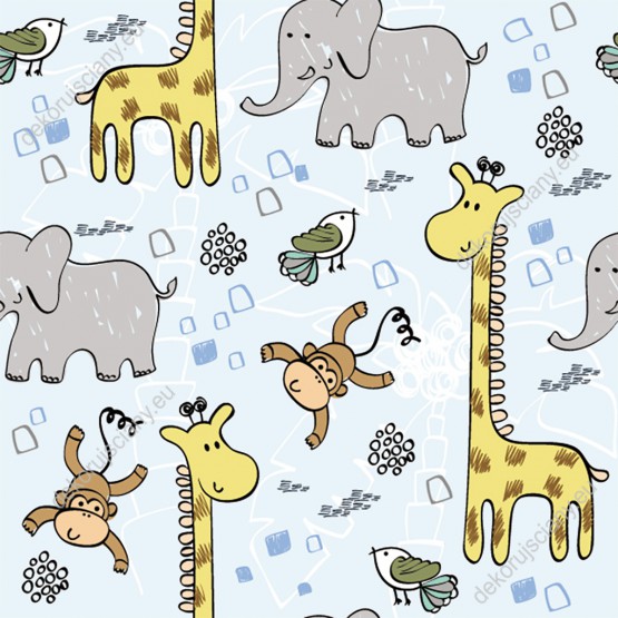 Wizualizacja tapety, pogodne małpki, żyrafy i słonie na jasnoniebieskim tle.