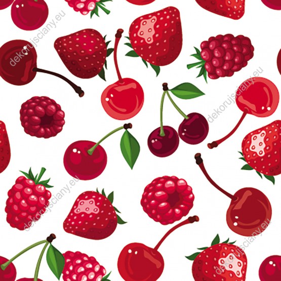 Wizualizacja tapety, czerwone owoce na białym tle.