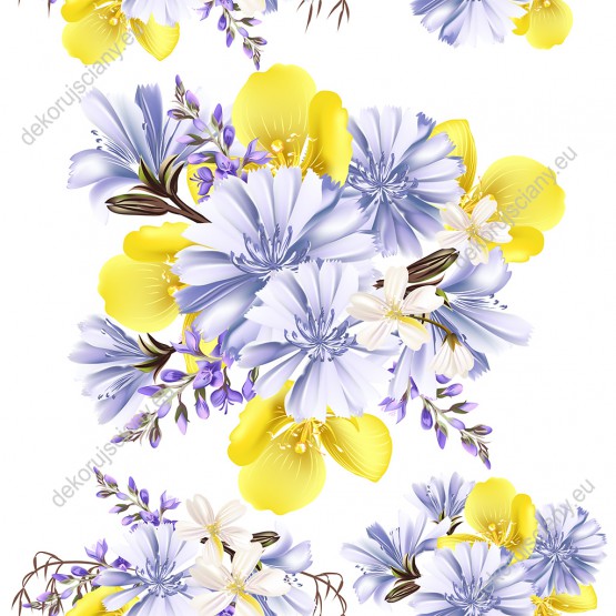 Wizualizacja tapety, bukiety mieszanych kwiatów w odcieniu fioletu i żółtego na białym tle.