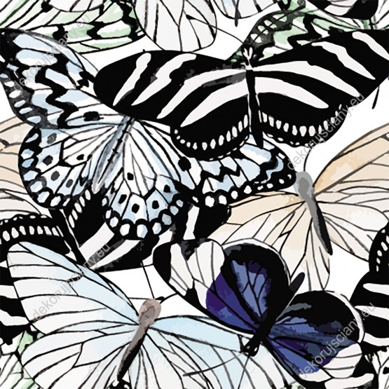 Wizualizacja tapety, różnorodne motyle w odcieniach czerni, fioletu, niebieskiego, zieleni i beżu. 