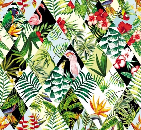 Wizualizacja tapety, tropikalna, soczysta roślinność w odcieniach zieleni, kolorowe ptaki i kwiaty wkomponowane w romby, na białym tle.