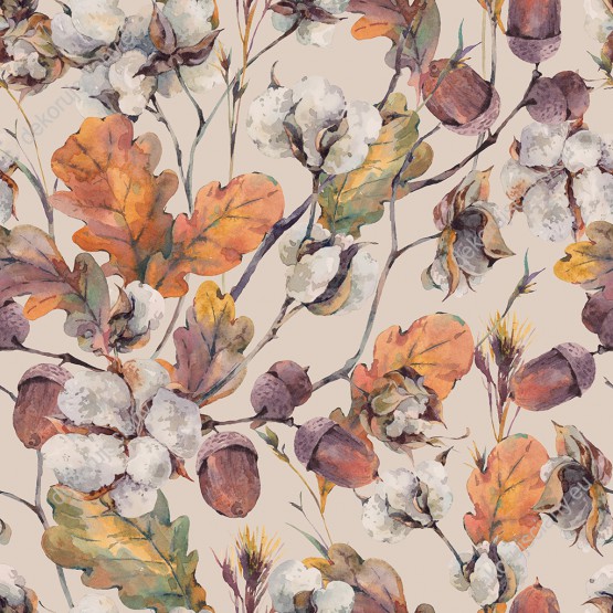Wizualizacja tapety, dębowa, jesienna kompozycja na beżowym tle.