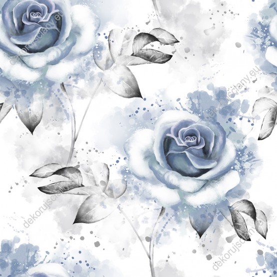 Wizualizacja tapety, akwarelowe, niebieskie róże na białym tle.