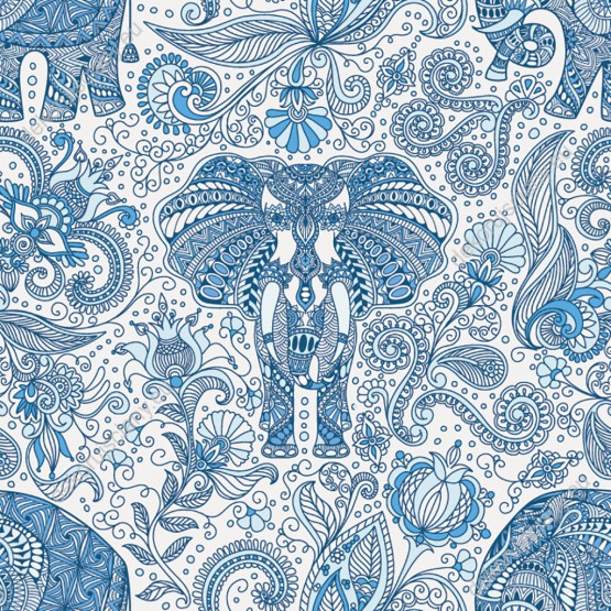 Wizualizacja tapety, indyjskie słonie w odcieniach koloru niebieskiego.
