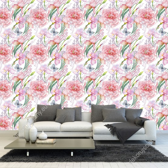 Wzornik tapety, wiosenne kwiaty i motyle w delikatnych kolorach różu na białym tle.