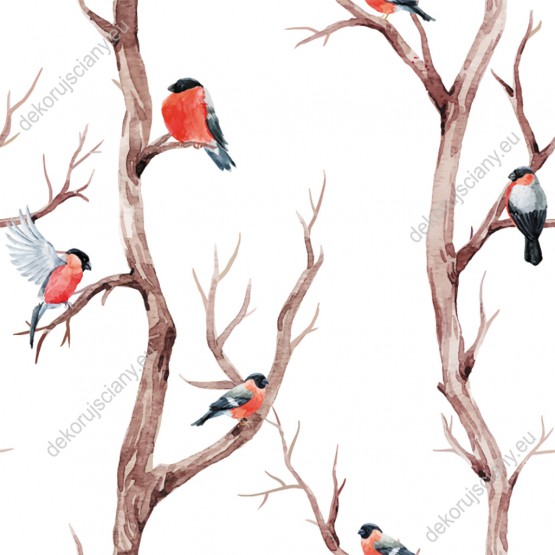 Wizualizacja tapety, czerwone ptaki gile na drzewach.