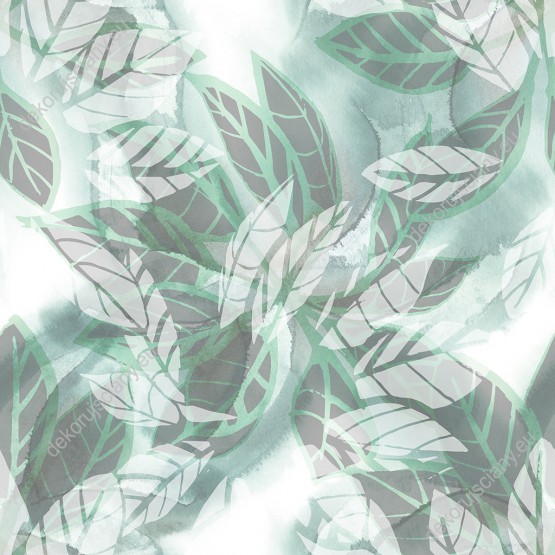 Wizualizacja tapety, podłużne liście w odcieniu szarości i zieleni na białym tle.