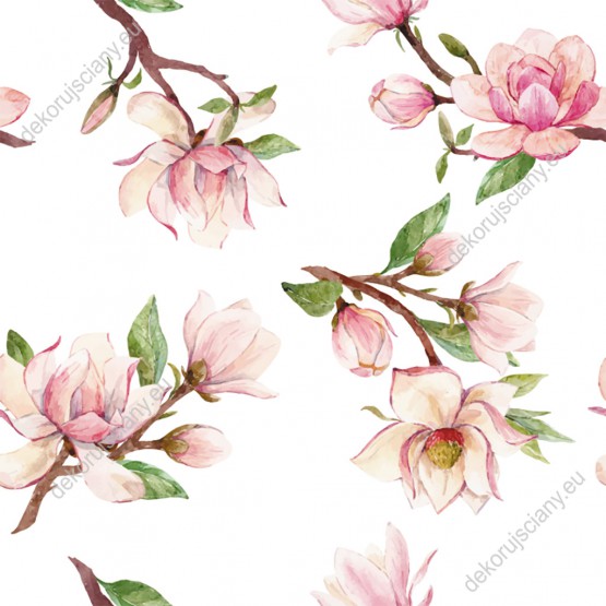 Wizualizacja tapety, jasnoróżowe kwiaty magnolii na białym tle.