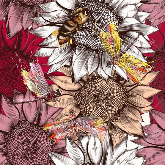 Wizualizacja tapety, słoneczniki o różnych barwach na tle motyle i pszczoły. 
