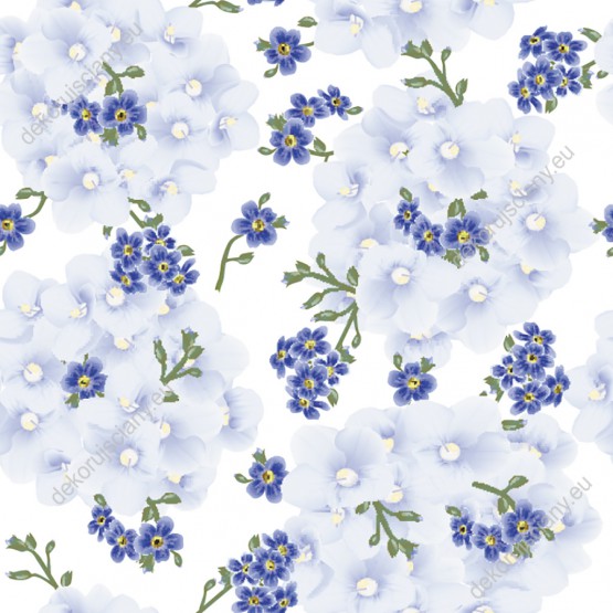 Wizualizacja tapety, błękitne hortensje na białym tle.