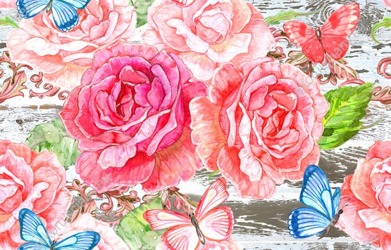 Wizualizacja tapety, piękne kwiaty róży otoczone kolorowymi motylami.