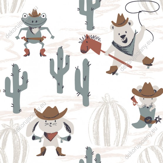 Wizualizacja tapety, wesołe zwierzątka na Dzikim Zachodzie wśród kaktusów. 