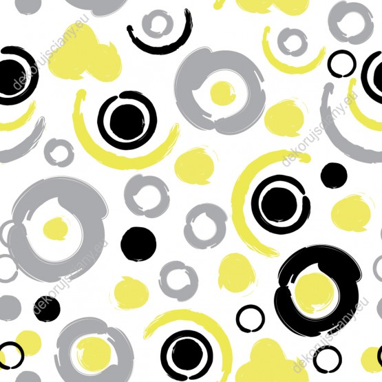 Wizualizacja tapety, okręgi w kolorze żółtym, szarym i czarnym na białym tle.