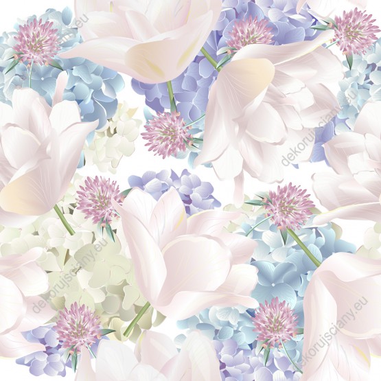 Wizualizacja tapety, ogród kolorowych, jasnych kwiatów na białym tle. 