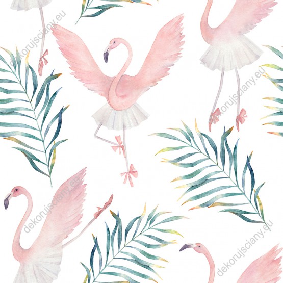 Wizualizacja tapety, różowe tańczące flamingi pośród zielonych liści na białym tle.