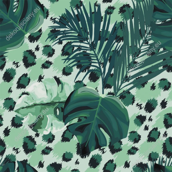 Wizualizacja tapety, tropikalne liście i cętki w odcieniach zieleni.