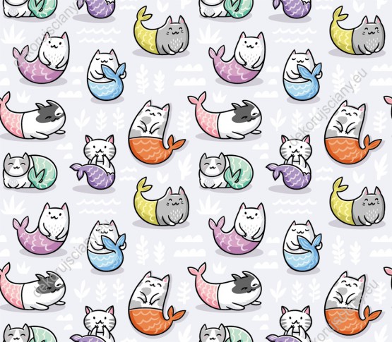 Wizualizacja tapety, kolorowe koty syrenki na jasnym tle.