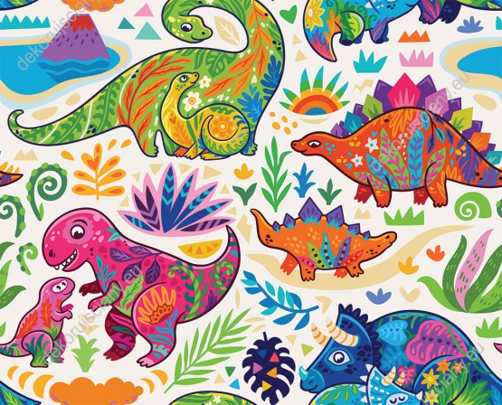 Wizualizacja tapety, kolorowe dinozaury na białym tle.