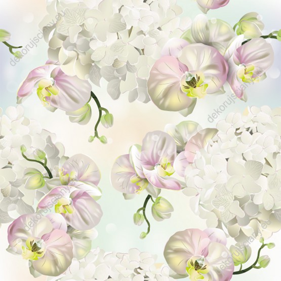 Wizualizacja tapety, orchidea i hortensja w delikatnych kolorach na jasnym tle.