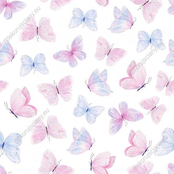 Wizualizacja tapety, różowe i niebieskie motyle na białym tle.