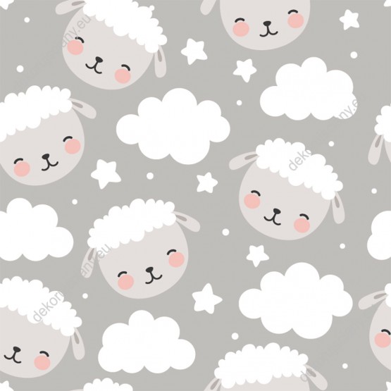 Wizualizacja tapety, śpiące owieczki w chmurkach na szarym tle.