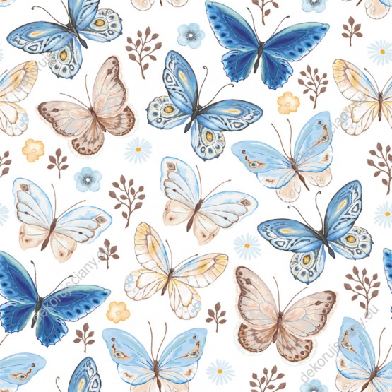 Wizualizacja tapety, różnobarwne motyle w odcieniach pastelowych i niebieskich na białym tle.