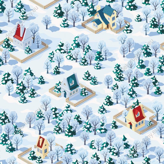 Wizualizacja tapety, krajobraz zimowej wsi z drzewami i domami.