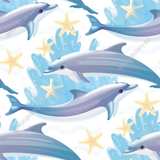 Wizualizacja tapety, delfiny i rozgwiazdy wśród niebieskich fal. 