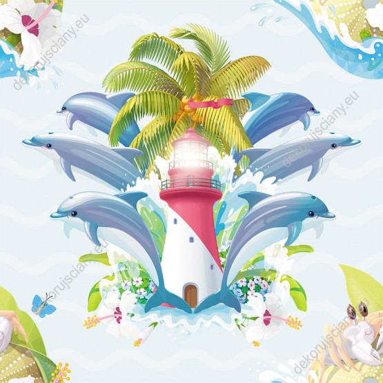 Wizualizacja tapety, pokazy delfinów przy latarni morskiej.