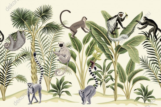 Wizualizacja tapety, małpy wśród tropikalnych drzew.