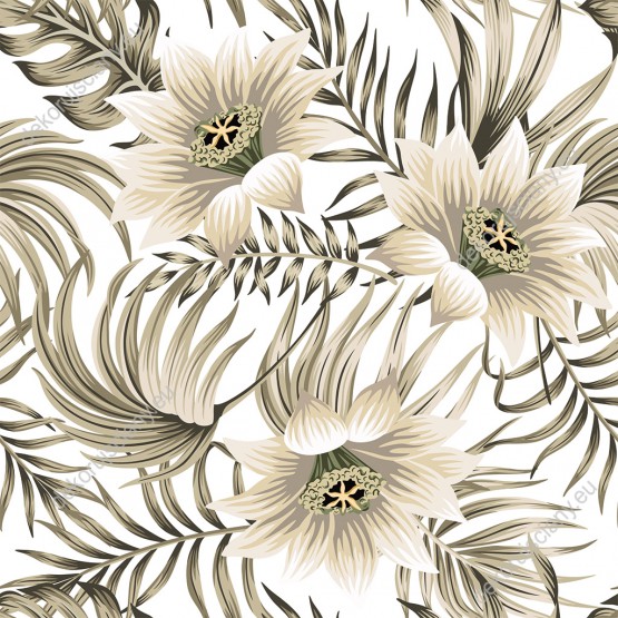 Wizualizacja tapety, kwiaty lotosu i tropikalne liście na białym tle.