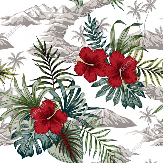 Wizualizacja tapety, tropikalne wyspy z soczysto czerwonymi kwiatami hibiskusa, na białym tle. 