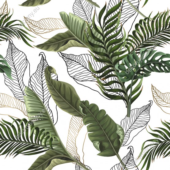 Wizualizacja tapety, liście w odcieniach zieleni na białym tle.